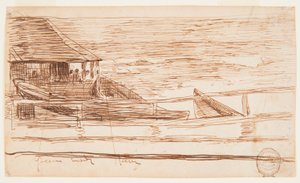 Desenho, Casa num corrimão com dories encalhados, Cullercoats, Inglaterra, 1881 de Winslow Homer