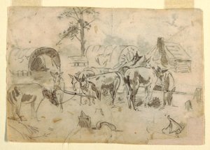 Desenho, Mulas em repouso amarradas a carroças, 1862 de Winslow Homer
