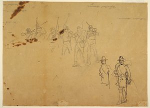 Desenho, esboços de figuras de infantaria simples e assinaturas práticas, 1862 de Winslow Homer