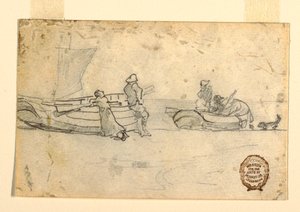 Desenho, Dois barcos na praia com figuras, Cullercoats, Inglaterra, 1881-82 de Winslow Homer