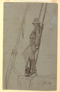Desenho, Jovem encostado ao cordame de um barco à vela, provavelmente 1861-62 de Winslow Homer