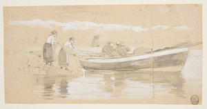 Pescador e mulheres arrumando redes em um Dory encalhado, Cullercoats, Inglaterra de Winslow Homer
