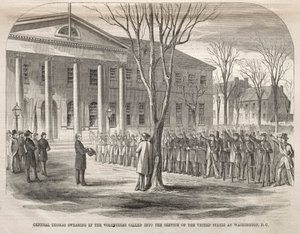 General Thomas Jurando nos Voluntários Convocados ao Serviço dos Estados Unidos ..., 1861. de Winslow Homer
