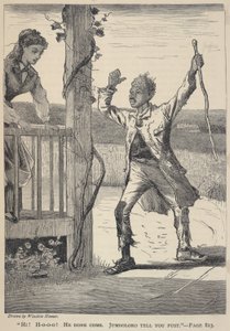 "Olá! H-o-o-o! Ele já chegou. Jumboloro Tell You Fust.", de The Galaxy, junho de 1869 de Winslow Homer
