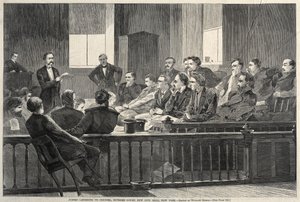 Jurados ouvindo um advogado, Supremo Tribunal, New City Hall, Nova York, 1869. de Winslow Homer