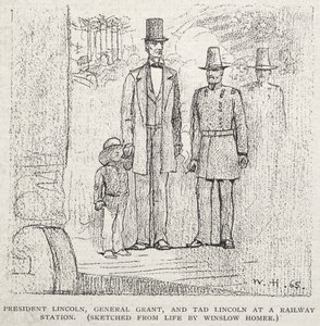 O Presidente Lincoln, o General Grant e Tad Lincoln numa estação ferroviária de Winslow Homer
