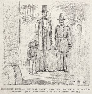 Presidente Lincoln, General Grant e Tad Lincoln em uma estação de trem, 1887. de Winslow Homer