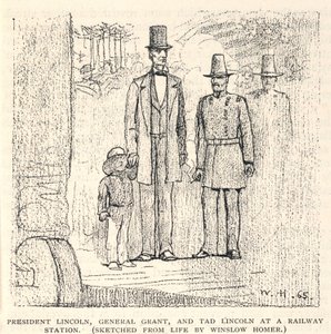 O Presidente Lincoln, o General Grant e Tad Lincoln numa estação de caminho de ferro, da The Century Magazine, novembro de 1887 de Winslow Homer