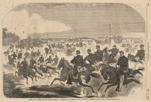 A cavalaria e a artilharia da União iniciam a perseguição dos rebeldes pela Yorktown Turnpike, de Harper