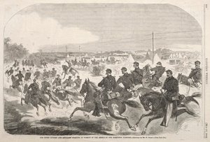 A cavalaria e a artilharia da união que começam na perseguição dos rebeldes acima do Turntown de Yorktown, 1862. de Winslow Homer