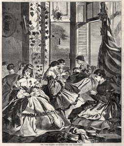 A Guerra - Fazendo Havelocks para os Voluntários, 1861. de Winslow Homer