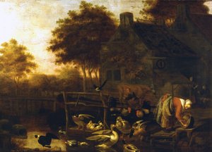 Cena do campo na Holanda (quinta com muitos animais e um agricultor a ordenhar uma vaca) por Wintrack the Young de Wintrack the Younger