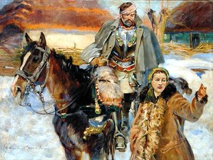 Cuirassier ferido com uma garota, c.1930 (óleo sobre tela)