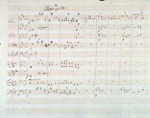 Página da partitura musical da Sinfonia N. 8 em D maior, de Mozart (1768) de Wolfgang Amadeus Mozart