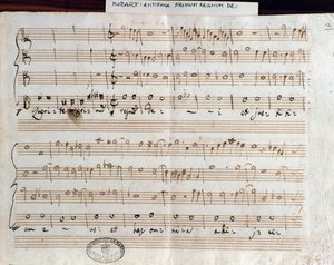 Página de música de Querite primum regnum Dei de Mozart para obter o título de Accademico filarmonico (1770) de Wolfgang Amadeus Mozart