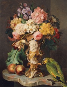 Uma natureza-morta com um vaso de flores sortidas, pêssegos e um papagaio em uma borda de mármore, 1843