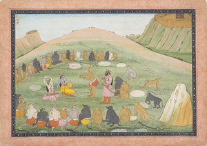 Hanuman revive Rama e Lakshmana com ervas medicinais...,Série Ramayana, ca. 1790. de Workshop active in the First generation