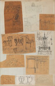 Página de um livro de recortes contendo desenhos e várias gravuras de arquitetura, Int..., ca. 1800-1850. Criadores: Workshop de Charles Percier, Workshop de Pierre François Léonard Fontaine. de Workshop of Charles Percier, Workshop of Pierre