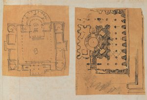 Página de um livro de recortes contendo desenhos e várias gravuras de arquitetura, Int..., ca. 1800-1850. Criadores: Workshop de Charles Percier, Workshop de Pierre François Léonard Fontaine. de Workshop of Charles Percier, Workshop of Pierre