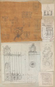 Página de um livro de recortes contendo desenhos e várias gravuras de arquitetura, Int..., ca. 1800-1850. Criadores: Workshop de Charles Percier, Workshop de Pierre François Léonard Fontaine. de Workshop of Charles Percier, Workshop of Pierre