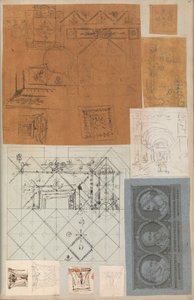 Página de um livro de recortes contendo desenhos e várias gravuras de arquitetura, Int..., ca. 1800-1850. Criadores: Workshop de Charles Percier, Workshop de Pierre François Léonard Fontaine. de Workshop of Charles Percier, Workshop of Pierre