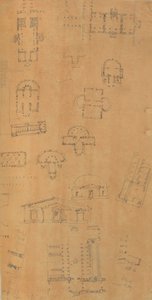 Página de um livro de recortes contendo desenhos e várias gravuras de arquitetura, Int..., ca. 1800-1850. Criadores: Workshop de Charles Percier, Workshop de Pierre François Léonard Fontaine. de Workshop of Charles Percier, Workshop of Pierre