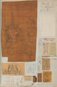 Página de um livro de recortes contendo desenhos e várias gravuras de arquitetura, Int..., ca. 1800-1850. Criadores: Workshop de Charles Percier, Workshop de Pierre François Léonard Fontaine. de Workshop of Charles Percier, Workshop of Pierre