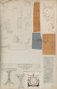 Página de um livro de recortes contendo desenhos e várias gravuras de arquitetura, Int..., ca. 1800-1850. Criadores: Workshop de Charles Percier, Workshop de Pierre François Léonard Fontaine. de Workshop of Charles Percier, Workshop of Pierre