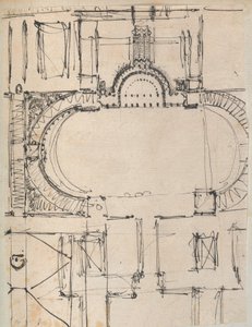 Página de um livro de recortes contendo desenhos e várias gravuras de arquitetura, Int..., ca. 1800-1850. Criadores: Workshop de Charles Percier, Workshop de Pierre François Léonard Fontaine. de Workshop of Charles Percier, Workshop of Pierre