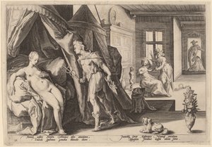 Mercúrio entrando no quarto de Herse depois de transformar Agraulos em pedra de Workshop of Hendrick Goltizus, after Hendrick Goltzius