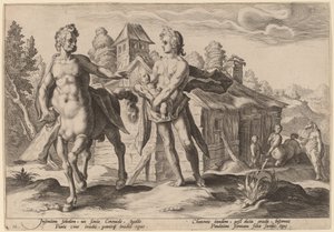 Apolo confiando a Quíron a educação de Asclépio de Workshop of Hendrick Goltzius, after Hendrick Goltzius