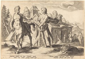 Apolo confiando a Quíron a educação de Asclépio de Workshop of Hendrick Goltzius, after Hendrick Goltzius