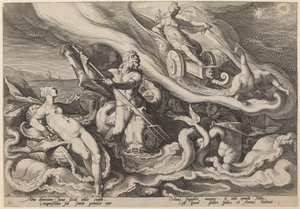 Juno reclamando com Oceanus e Tethys sobre Calisto de Workshop of Hendrick Goltzius, after Hendrick Goltzius