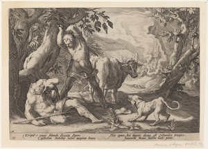 Paisagem com Mercúrio levantando sua espada para matar um Argus adormecido de Workshop of Hendrick Goltzius, after Hendrick Goltzius