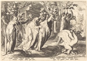 As irmãs de Phaeton se transformaram em álamos, Cygnus em um cisne de Workshop of Hendrick Goltzius, after Hendrick Goltzius