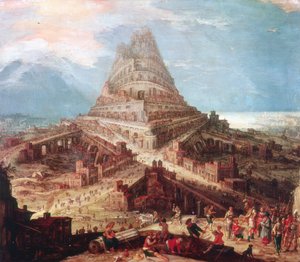 O edifício da torre de Babel, século XVI de Workshop of Hendrik van Cleve III