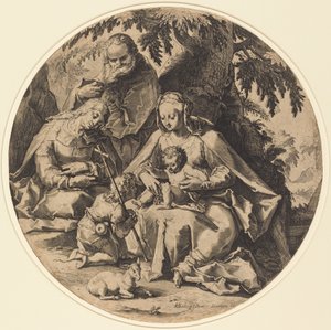A Sagrada Família com Santa Isabel e São João Batista de Workshop of Jacob Matham, after Hendrik Goltzius