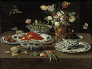 Morangos silvestres numa taça de porcelana chinesa "kraak", amoras silvestres numa segunda taça sobre um prato, várias flores num vaso de bronze, ameixas silvestres numa outra taça e nozes num prato, com um pêssego, um ramo de cerejas e outros frutos, tudo de Workshop of Jan van Kessel the Elder