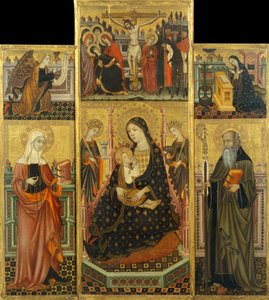 Retábulo da Virgem Mamando o Menino, Santa Clara e Santo Antônio, o Abbott de Workshop of Llorenç Saragossa