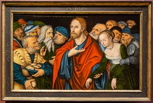 Alemão: Christus und die Ehebrecherin Cristo e a mulher apanhada em adultério de workshop of Lucas Cranach the Elder
