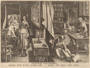 Hyacum e Lues Venerea (Guaiacum e infecção venérea) de Workshop of Philip Galle after Jan van der Straet