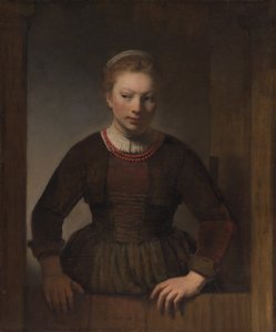 Mulher jovem numa meia-porta aberta de Workshop of Rembrandt van Rijn