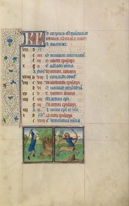 Um homem derrubando bolotas de uma árvore; Signo Zodiacal de Sagitário de Workshop of Willem Vrelant