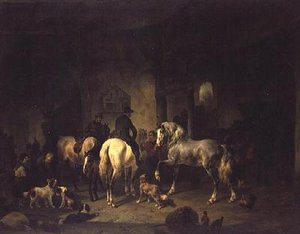 O interior de um estábulo com desportistas e outros animais