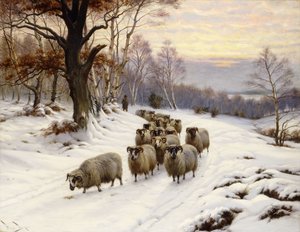 Um pastor e seu rebanho em um caminho no inverno