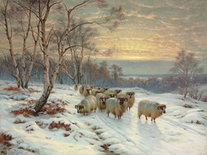 Um pastor com seu rebanho em uma paisagem de inverno