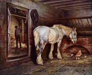 No final do dia: cavalo nos estábulos enquanto um homem defeca (lito colorido)