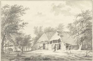 Paisagem com casa de campo e mulher com cesto