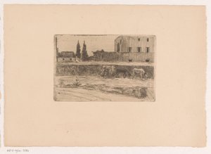 Paisagem com edifícios e uma figura a trabalhar de Xavier Mellery (attributed to)
