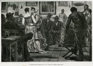 Um músico no porto de Antuérpia, onde os marinheiros podem beber e dançar ao som do órgão de picaretas. Gravura de X.Mellery, para ilustrar a história da Bélgica, de Camille Lemonnier, publicada no Tour du monde, editado por Edouard Charton (1807-1890) de Xavier Mellery